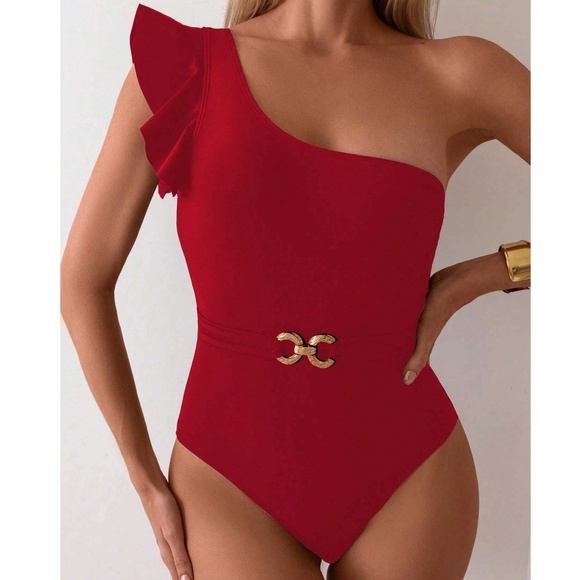 Plus One Shoulder Ruffle Sleeve Belted Monokini One Piece Swimsuit - Picture 3 of 15